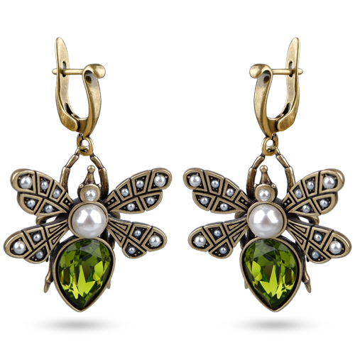 Серьги мотылек (кристаллы SW зеленые, Майорка; покрытие бронза)