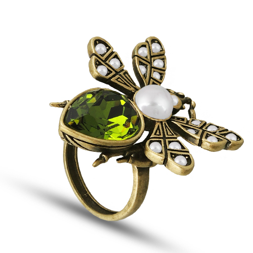 Кольцо мотылек (кристаллы SW зеленые, Майорка; покрытие бронза)