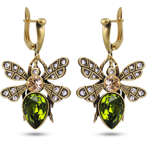 Серьги мотылек (кристаллы SW зеленые, шампань; покрытие бронза)