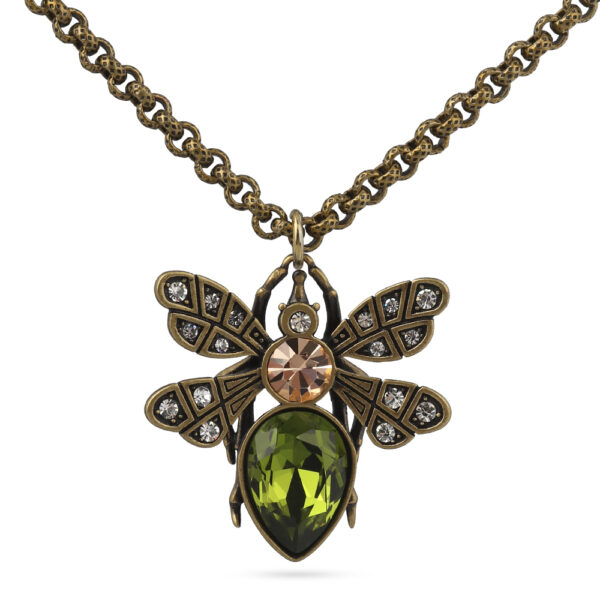 Кулон мотылек (кристаллы SW зеленые, шампань; покрытие бронза) 50см