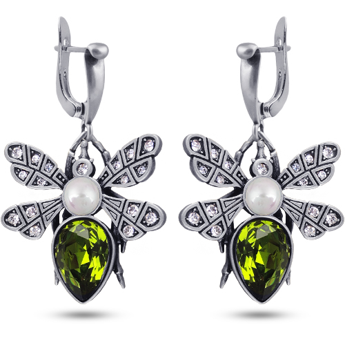 Серьги мотылек (кристаллы SW зеленые, Майорка; покрытие античное серебро)