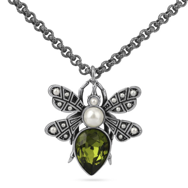 Кулон мотылек (кристаллы SW зеленые, Майорка; античное серебро) 50см