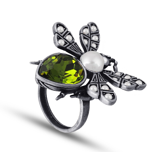 Кольцо мотылек (кристаллы SW зеленые, Майорка; покрытие античное серебро)