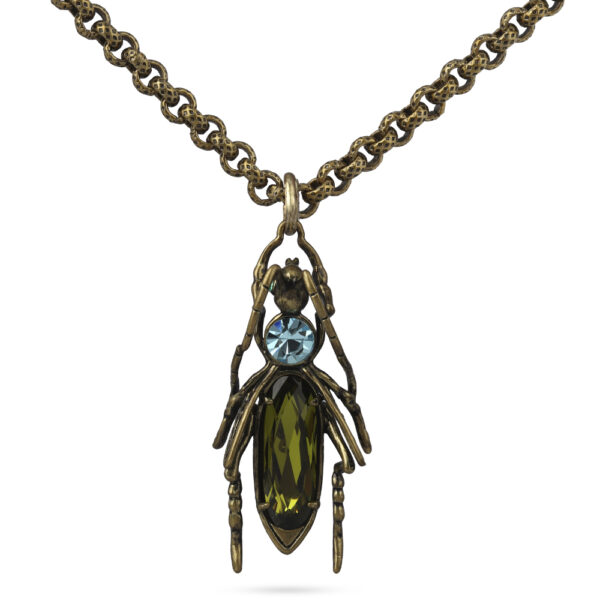 Кулон кузнечик (кристаллы SW зеленые, голубые; покрытие бронза) 50см