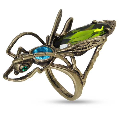 Кольцо кузнечик (кристаллы SW зеленые, голубые; покрытие бронза)