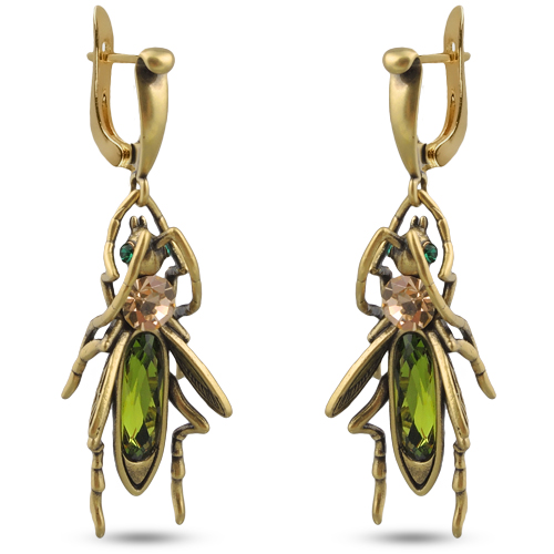 Серьги кузнечик (кристаллы SW зеленые, шампань; покрытие бронза)