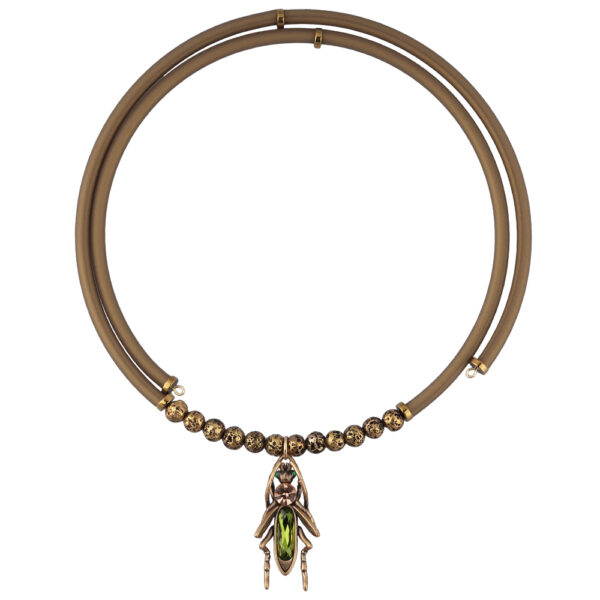 Колье кузнечик (кристаллы SW зеленые, шампань; покрытие бронза)