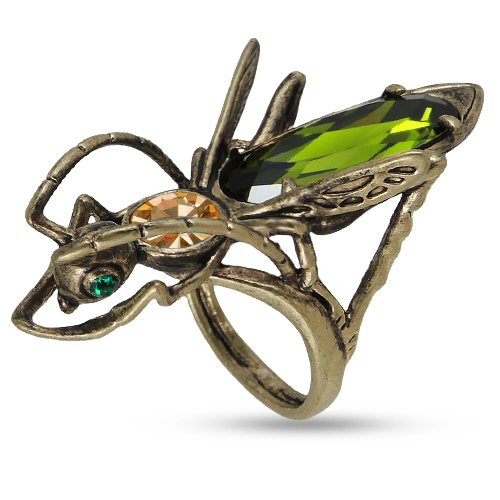 Кольцо кузнечик (кристаллы SW зеленые, шампань; покрытие бронза)