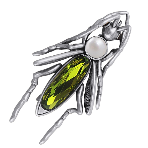 Брошь кузнечик (кристаллы SW зеленые, Майорка; покрытие античное серебро)