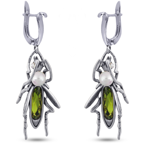 Серьги кузнечик (кристаллы SW зеленые, Майорка; покрытие античное серебро)