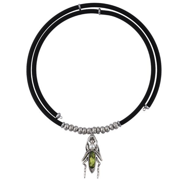 Колье кузнечик (кристаллы SW зеленые, Майорка; покрытие античное серебро)