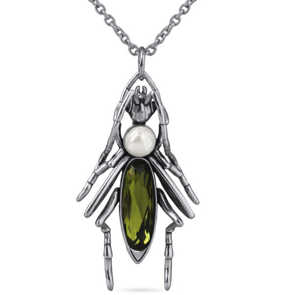 Кулон кузнечик (кристаллы SW зеленые, Майорка; античное серебро) 90см