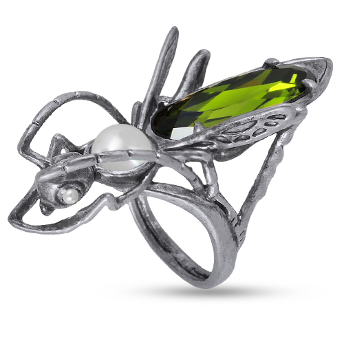 Кольцо кузнечик (кристаллы SW зеленые, Майорка; покрытие античное серебро)