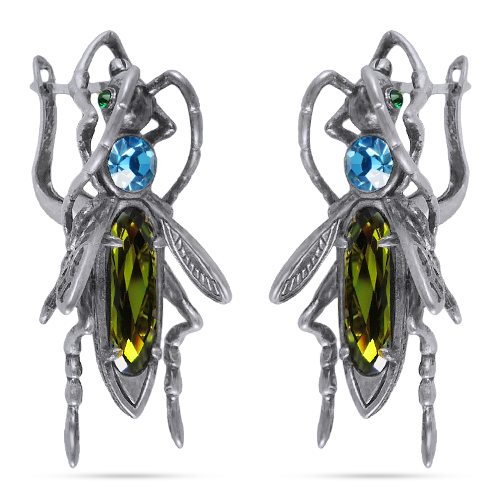 Серьги кузнечик (кристаллы SW зеленые, голубые; покрытие античное серебро)