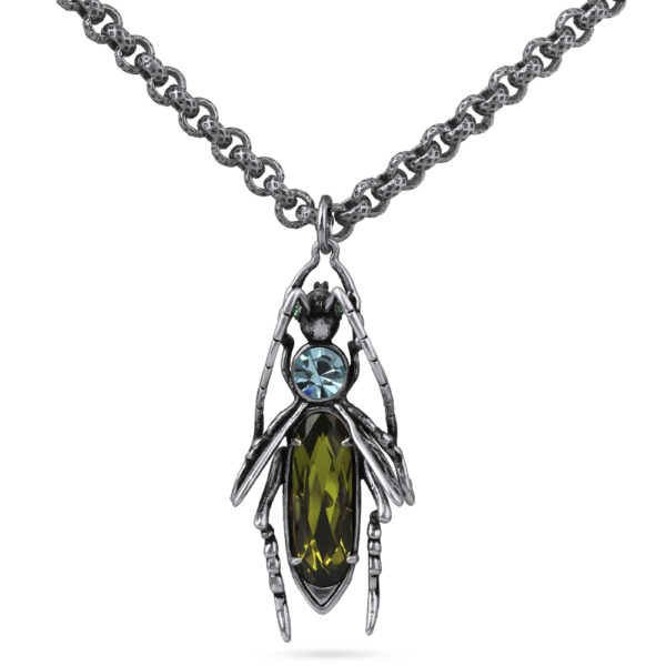 Кулон кузнечик (кристаллы SW зеленые, голубые; античное серебро) 50см