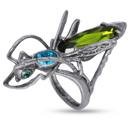 Кольцо кузнечик (кристаллы SW зеленые, голубые; покрытие античное серебро)