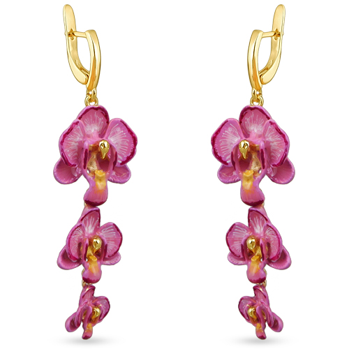 Серьги цветы орхидея (эмаль розовая; покрытие золото) - Uvelina