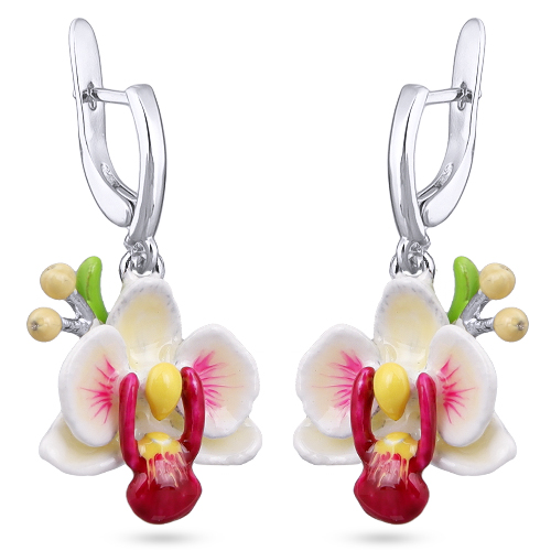 Серьги орхидея (эмаль белая, розовая; покрытие родий)