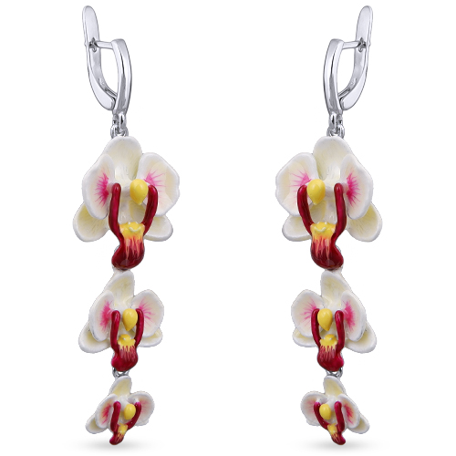 Серьги орхидея (эмаль белая, розовая; покрытие родий)