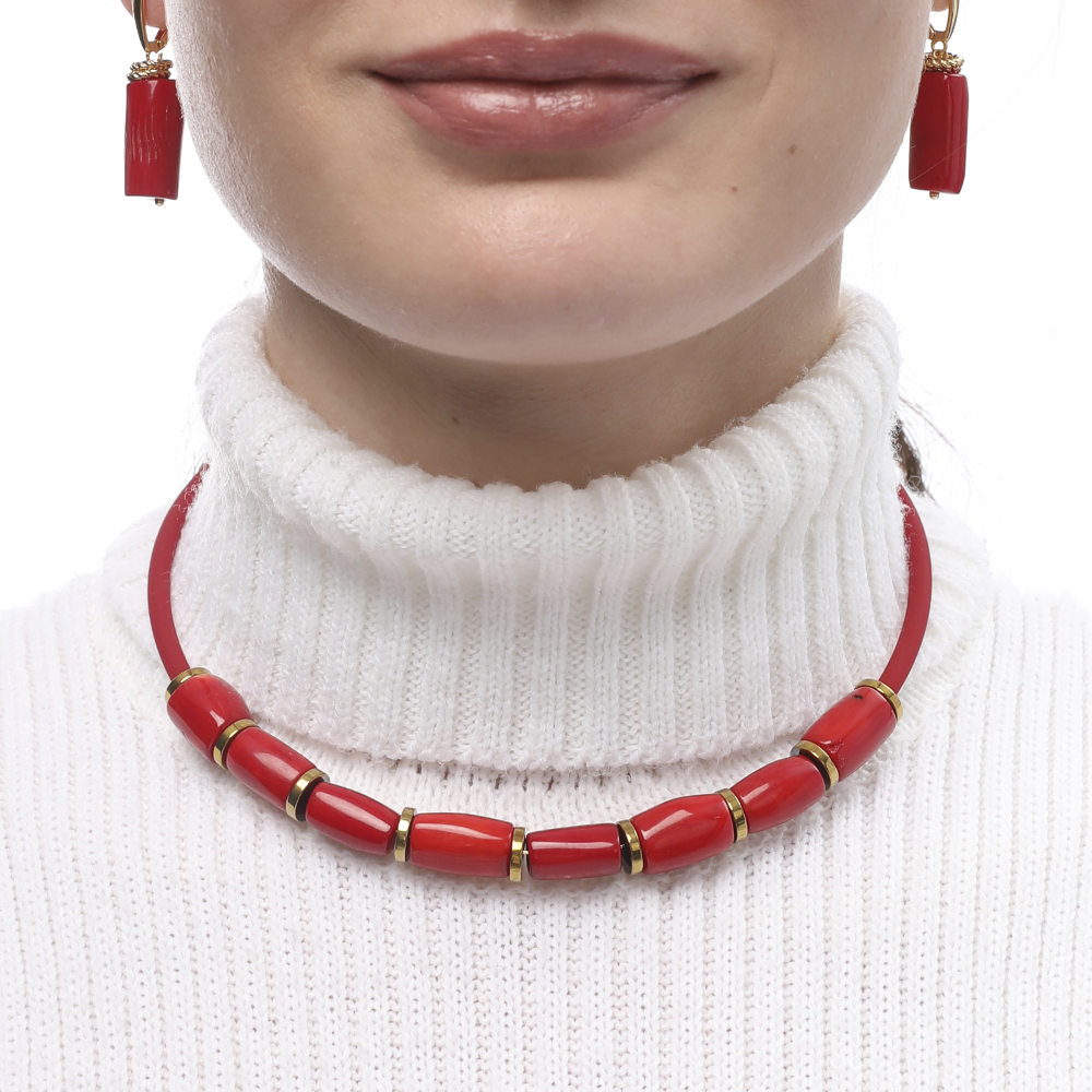 Колье Гевея (коралл 10х15мм красный, каучук красный; покрытие золото) 40-45см — изображение 2