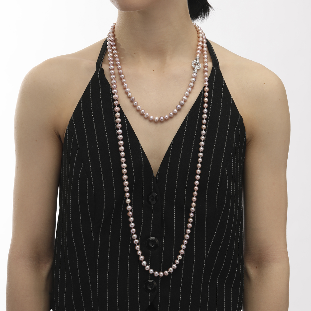 Колье (жемчуг сиреневый 7-8мм, фианит; покрытие родий) 140см — изображение 2