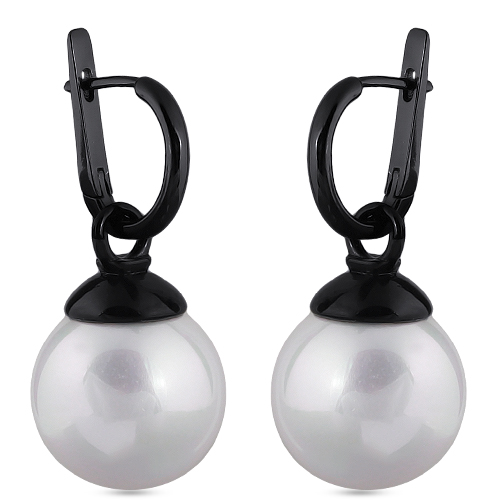 Серьги (Майорка 14мм белая; покрытие черный родий)