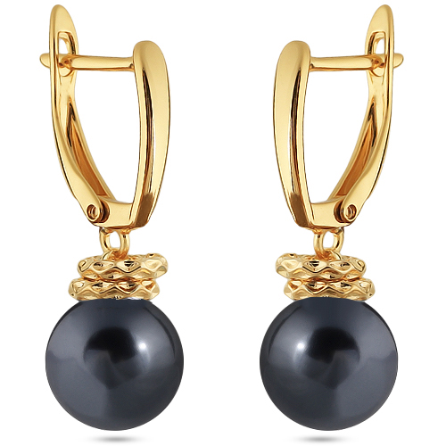 Серьги (Майорка 12мм темно-серая; покрытие золото)