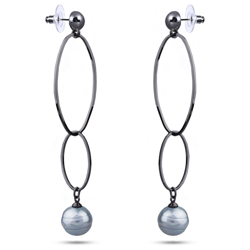 Серьги (Майорка 12мм серо-голубая; покрытие черный родий)