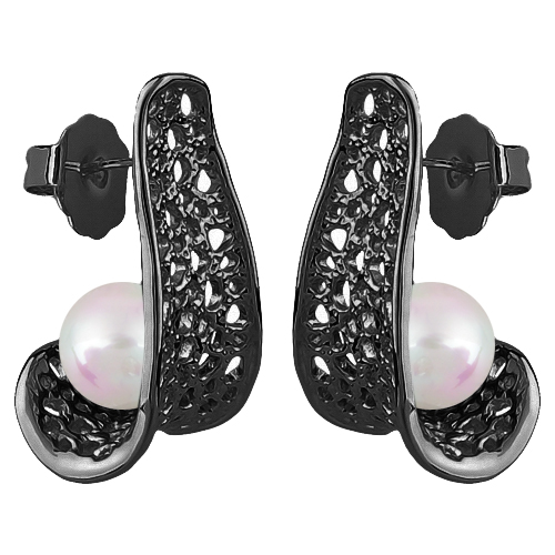 Серьги (Майорка 10мм белая; покрытие черный родий)