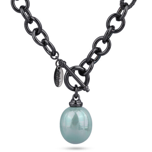 Кулон (Майорка 18мм голубая; покрытие черный родий) 53см