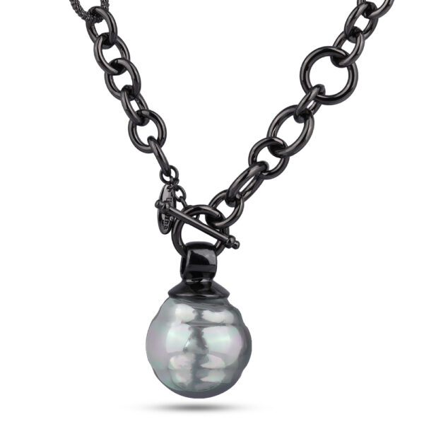 Кулон (Майорка 30мм серо-голубая; покрытие черный родий 80см)