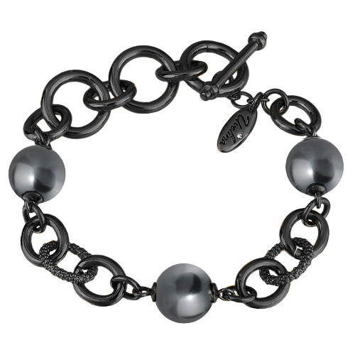 Браслет Симбиоз (Майорка 12мм темно-серая; покрытие черный родий) 18-21см