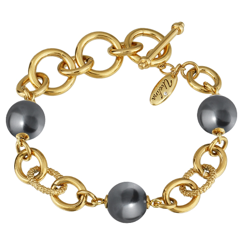 Браслет Симбиоз (Майорка темно-серая 12мм ; покрытие золото) 18-21см