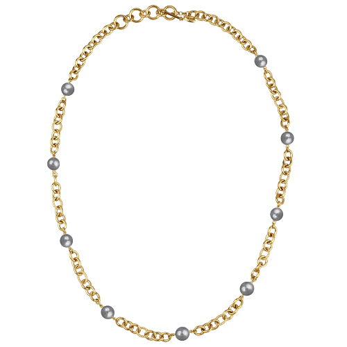 Колье Симбиоз (Майорка серо-голубая 12мм; покрытие золото) 77-90см