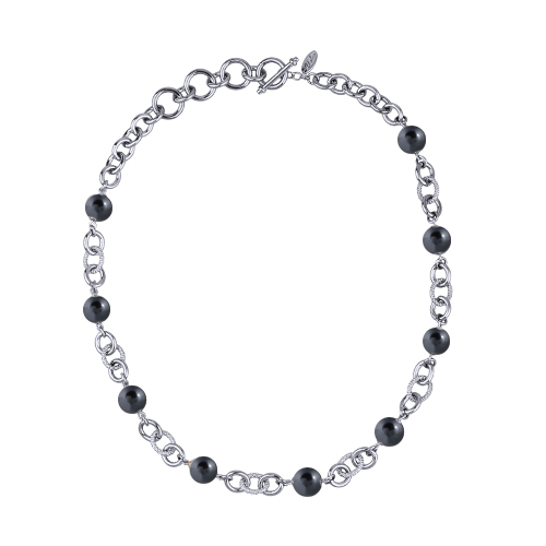 Колье Симбиоз (Майорка темно-серая 12мм; покрытие родий) 50-60см
