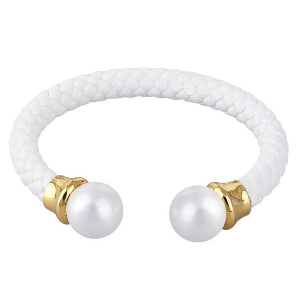 Браслет Дуэт (Майорка 14мм белая, кожа белая; покрытие золото)