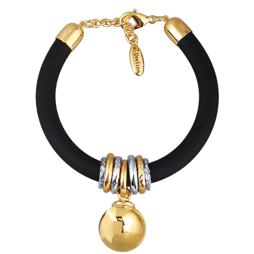 Браслет Гевея (бусина 16мм, каучук черный; покрытие золото) 19-22см