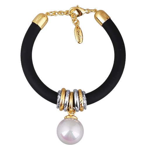 Браслет Гевея (Майорка 16мм белая, каучук черный; покрытие золото) 19-22см