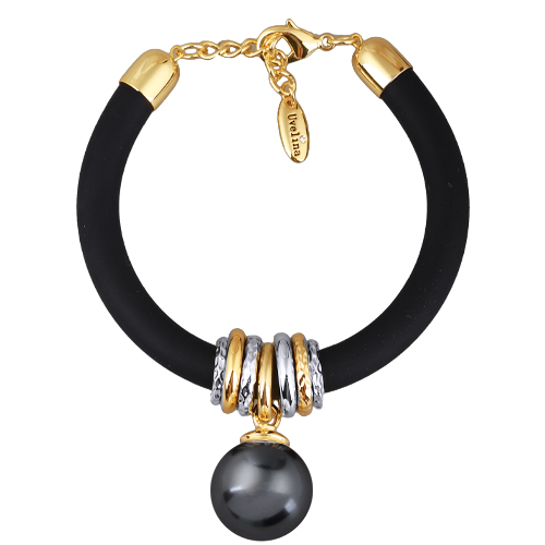 Браслет Гевея (Майорка 16мм темно-серая, каучук черный; покрытие золото) 19-22см