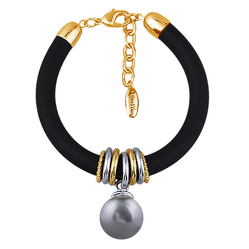 Браслет Гевея (Майорка 16мм серо-голубая, каучук черный; покрытие золото) 19-22см