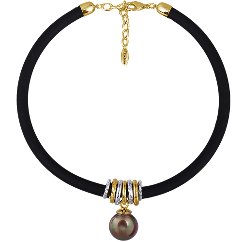 Колье Гевея (Майорка 16мм шоколад, каучук черный; покрытие золото) 40-45см