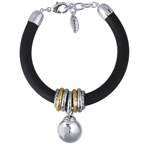 Браслет Гевея (бусина 16мм, каучук черный; покрытие родий) 19-22см