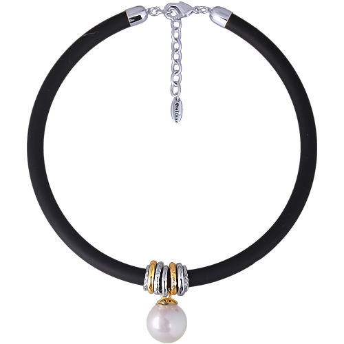 Колье Гевея (Майорка 16мм белая, каучук черный; покрытие родий) 40-45см