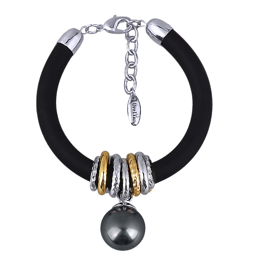 Браслет Гевея (Майорка 16мм темно-серая, каучук черный; покрытие родий) 19-22см