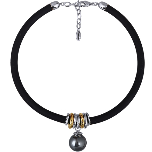 Колье Гевея (Майорка 18мм темно-серая, каучук черный; покрытие родий) 40-45см