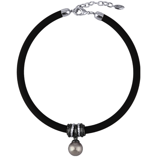 Колье Гевея (Майорка 16мм серо-голубая, каучук черный; родий, черный родий) 45см