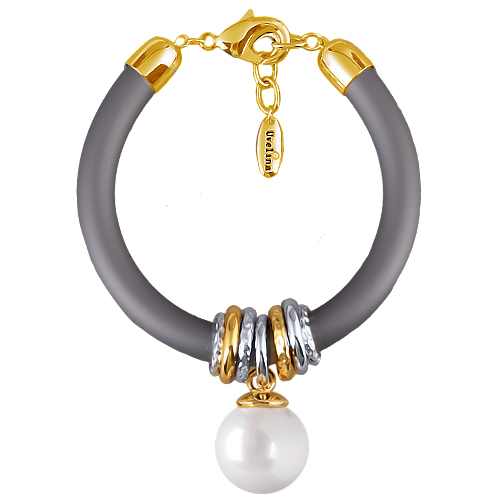 Браслет Гевея (Майорка 16мм белая, каучук серый; покрытие золото) 19-22см