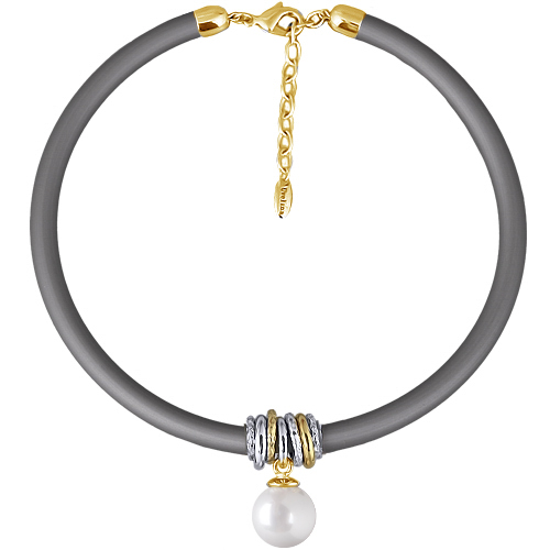 Колье Гевея (Майорка 16мм белая, каучук серый; покрытие золото) 40-45см