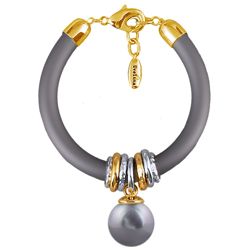 Браслет Гевея (Майорка 16мм серо-голубая, каучук серый; покрытие золото) 19-22см