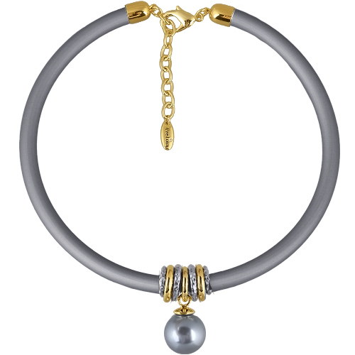 Колье Гевея (Майорка 16мм серо-голубая, каучук серый; покрытие золото) 40-45см